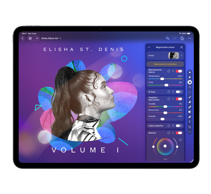 iPad che mostra la finestra dell’app Pixelmator Pro.