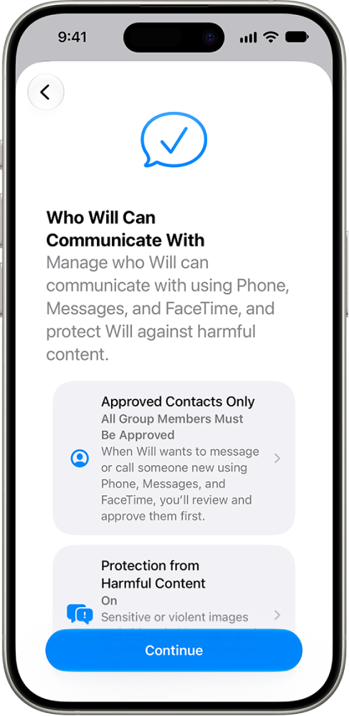 The parental controls set up screen showing options for who a child can communicate with.