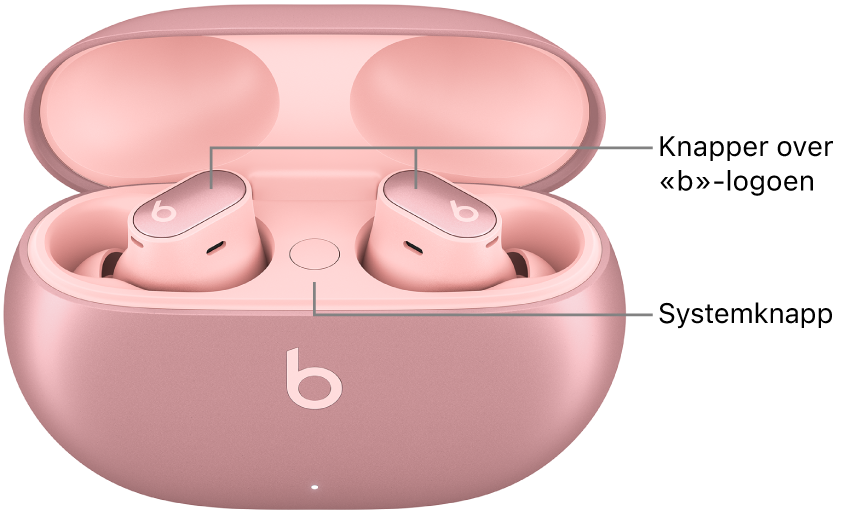 Bilde av Beats Studio&nbsp;Buds&nbsp;+, med plasseringen av knappene over «b»-logoen på ørepluggene og plasseringen av systemknappen inni ladeetuiet.