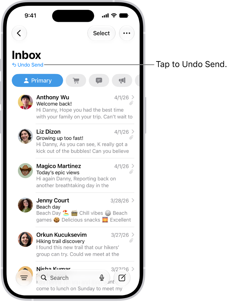 The inbox, showing a list of messages. The Undo Send button (for pulling back a recently sent message) is in the center of the bottom of the screen.