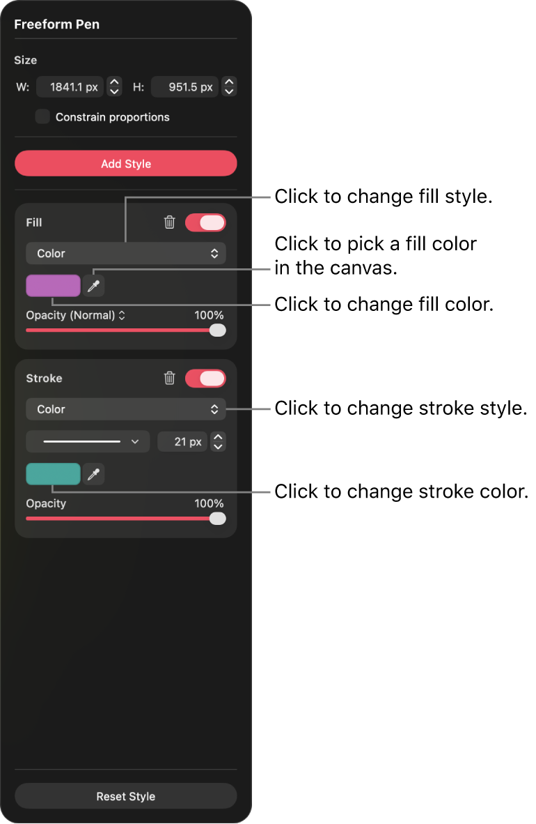 Freeform Pen pane with controls to change fill style, stroke style, and color.