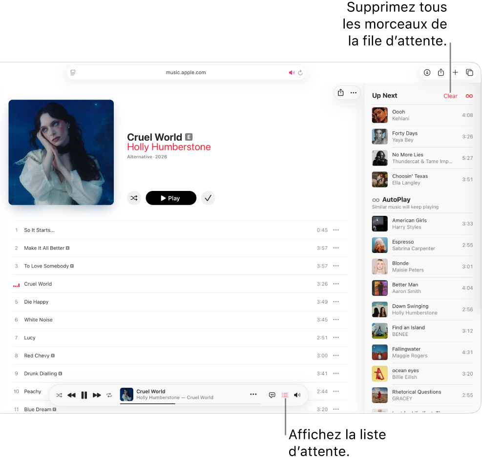 Un morceau est en cours de lecture sur Apple&nbsp;Music. Le bouton «&nbsp;File d’attente&nbsp;» est sélectionné en haut à droite et la file d’attente est visible.