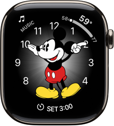 Cadran Mickey&nbsp;Mouse, auquel vous pouvez ajouter de nombreuses complications. Il affiche trois complications&nbsp;: Messages en haut à gauche, Exercice en haut à droite et la date en bas.