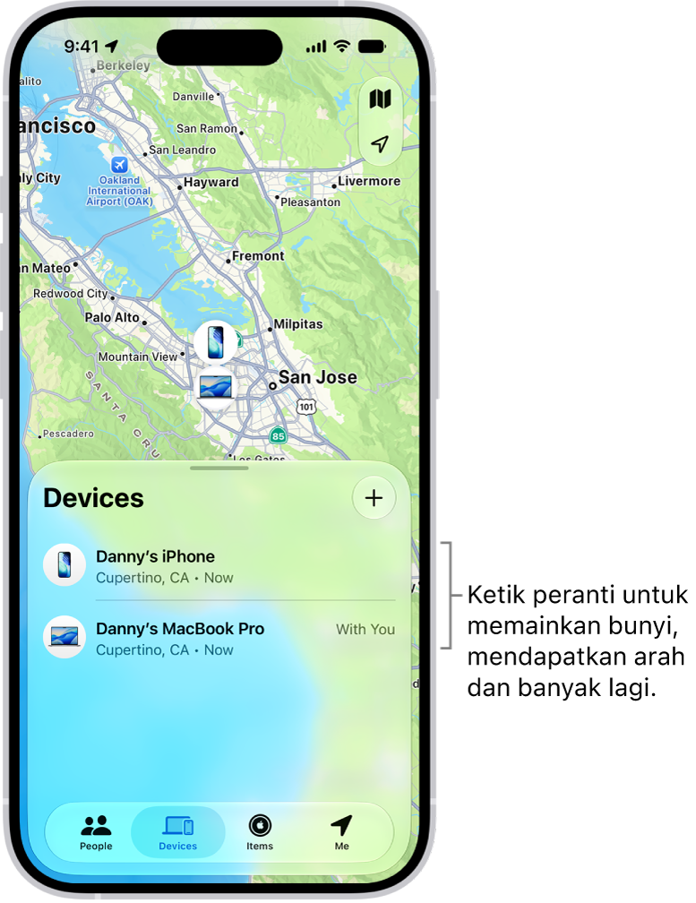 Skrin Cari terbuka pada senarai Peranti. Terdapat dua peranti dalam senarai Peranti: iPhone Danny dan iPad Danny. Lokasinya ditunjukkan pada peta.