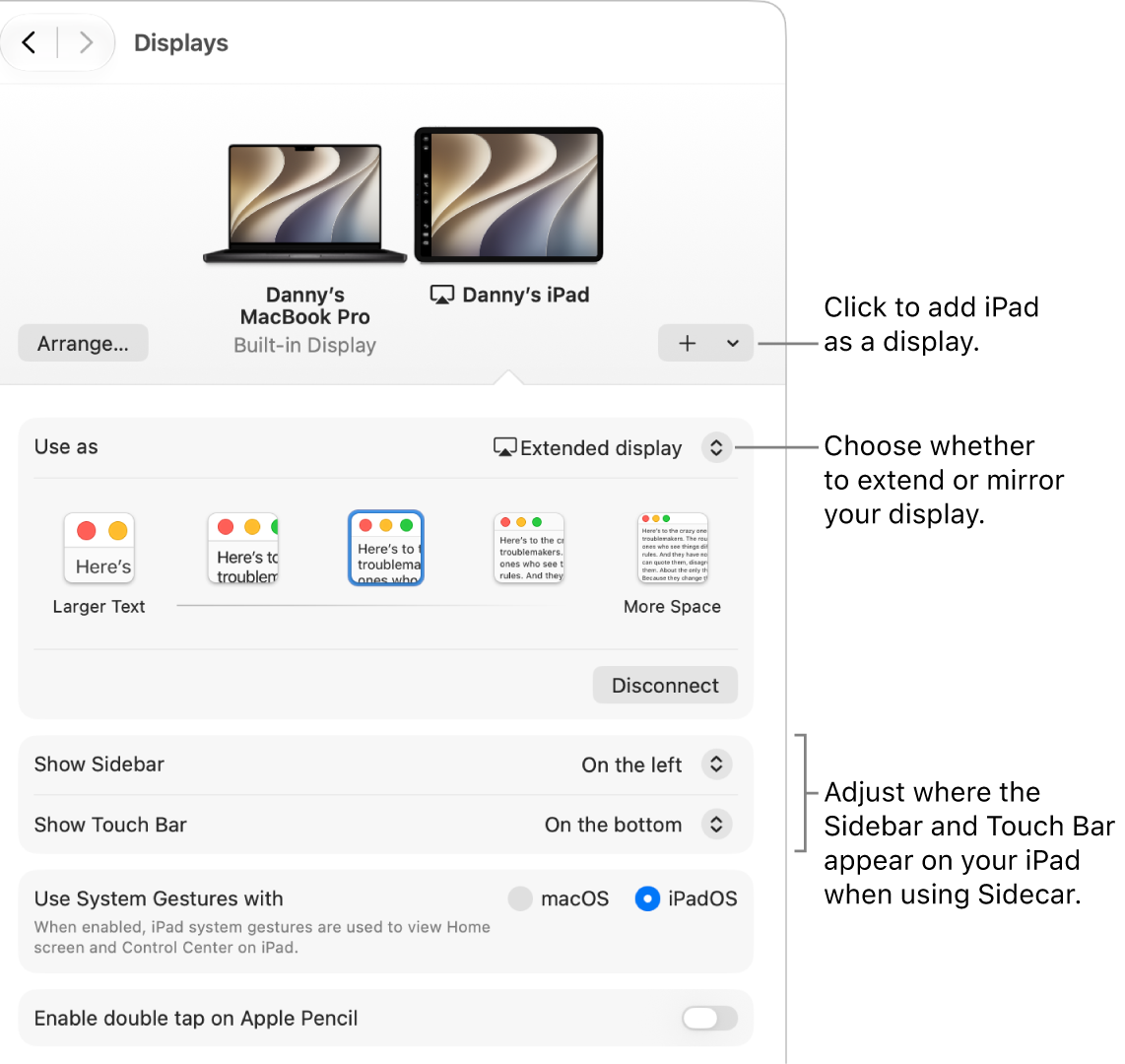 The Displays settings pane on Mac showing options for setting up Sidecar.