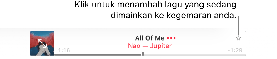 Bahagian atas Apple Music dengan lagu dimainkan. Klik butang Kegemaran di sebelah kanan tajuk lagu untuk menandakan lagu yang dimainkan sebagai kegemaran.