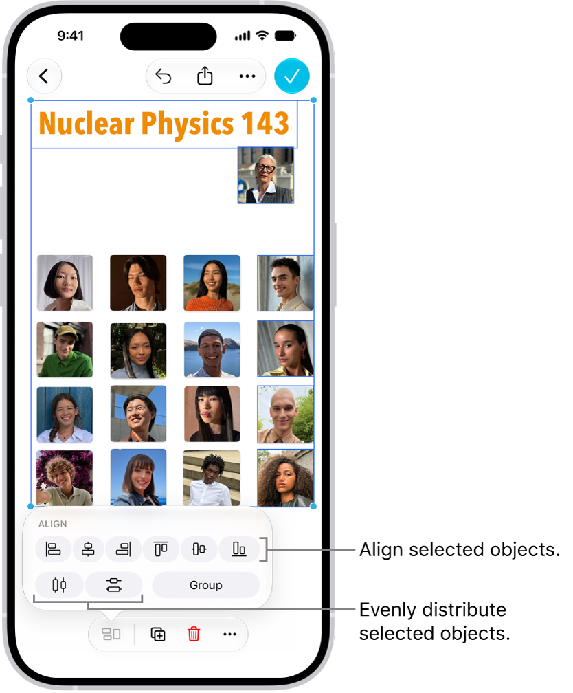 A Freeform board filled with a grid of photos. Several photos are selected, and the alignment and grouping tools appear above them.