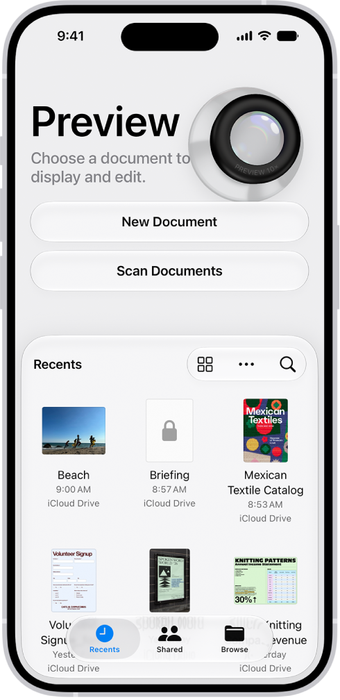 L’écran principal de l’app Aperçu, affichant des PDF et des images. En bas de l’écran se trouvent les onglets Récents, Partagés et Parcourir.