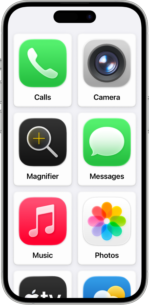 An iPhone showing the Assistive Access Home Screen with a large grid of app icons and their names.