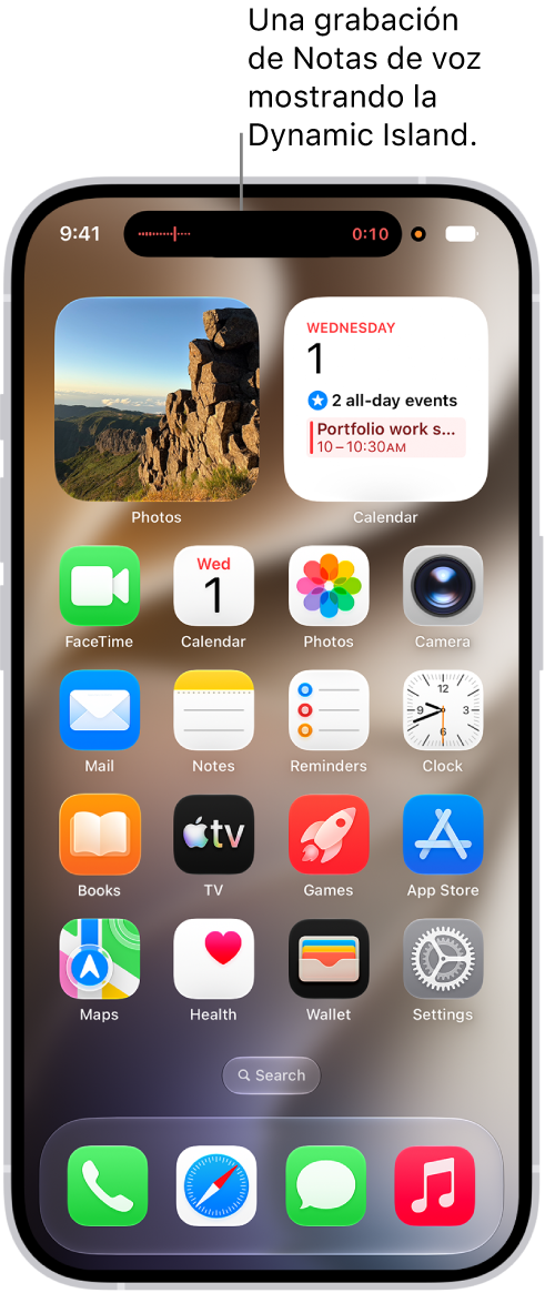 La pantalla de inicio del iPhone mostrando una grabación de Notas de Voz en la Dynamic Island.