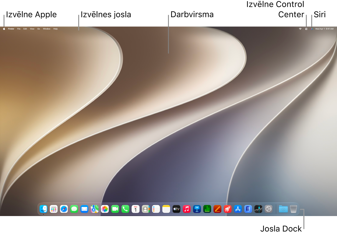 Mac darbvirsma ar izvēlnes joslu ekrāna augšējā daļā un uz Dock apakšējā daļā.