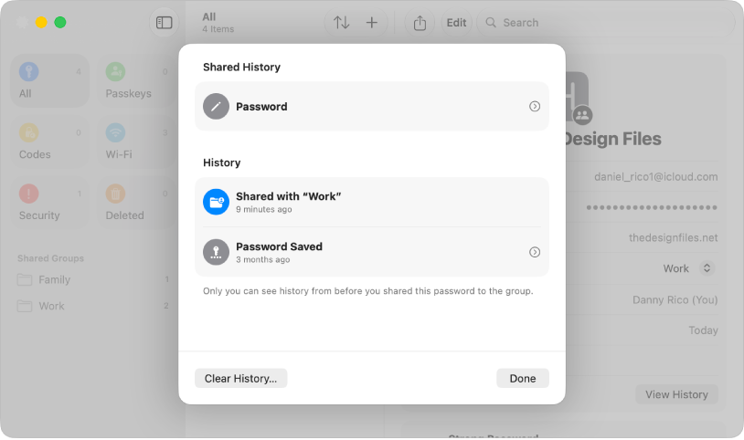 The main screen for the Passwords app, showing the types of passwords in the sidebar on the left (with All selected), a list of password accounts in the middle (with Home - The Design Files selected), and the details of the Home - The Design Files account on the right.