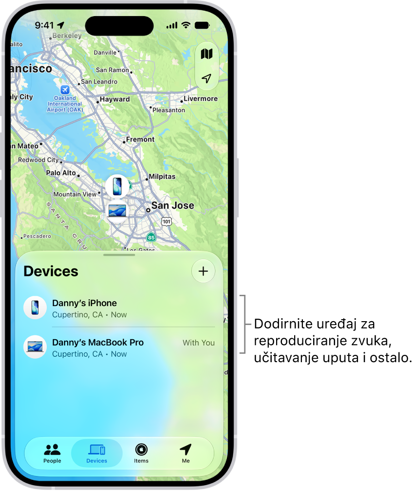 Zaslon Pronalaženje otvoren na popisu Uređaji. Dva su uređaja na popisu Uređaji: Danijelov iPhone i Danijelov iPad. Njihove lokacije prikazane su na karti.