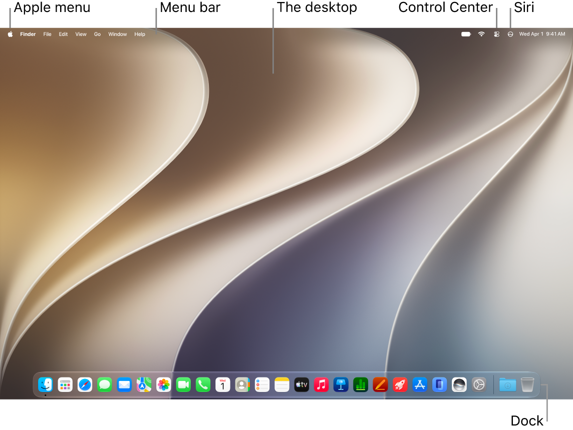 A Mac desktop with the menu bar at the top of the screen and the Dock at the bottom.