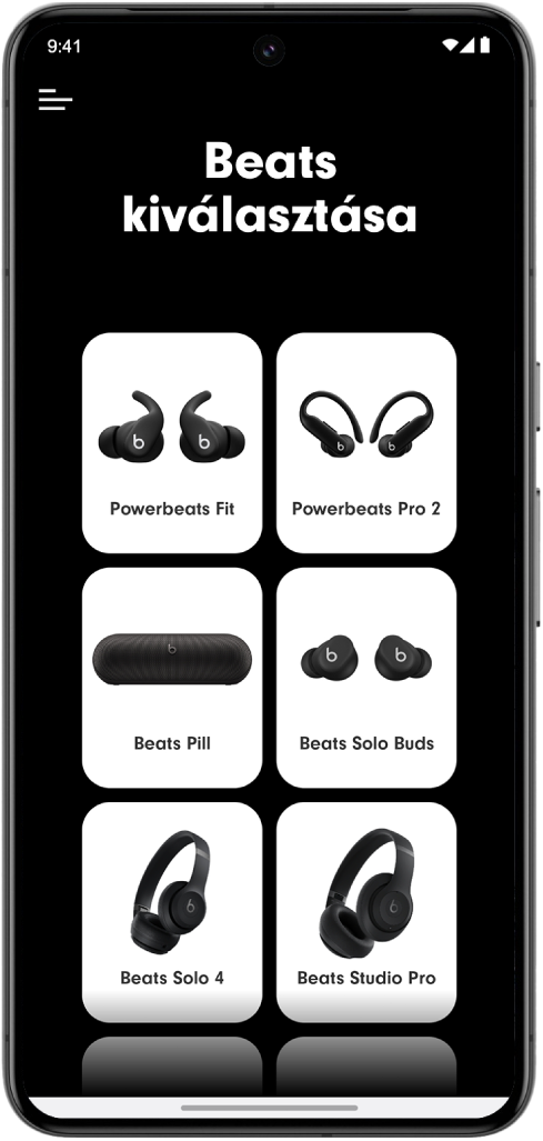 A Beats&nbsp;app Beats kiválasztása képernyője a támogatott Beats‑eszközökkel.