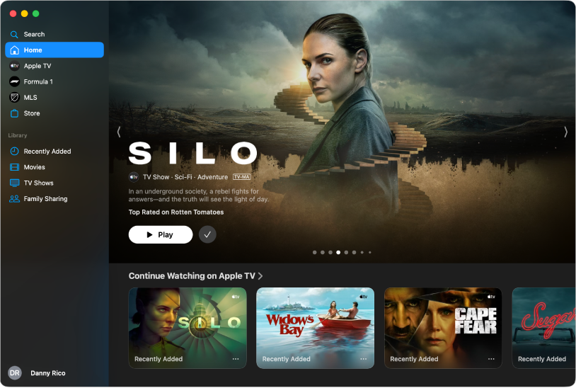 A TV app window showing the sidebar with different categories and the Home screen.