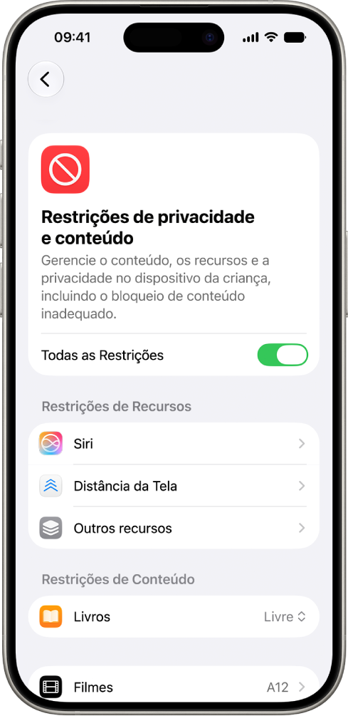 A tela Restrições de Conteúdo e Privacidade do Tempo de Uso mostrando opções para restrições de recursos e conteúdos.