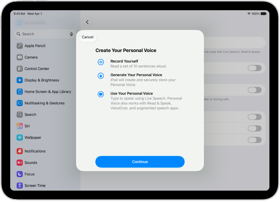 Un iPad avec des informations sur la façon de créer une voix personnelle.