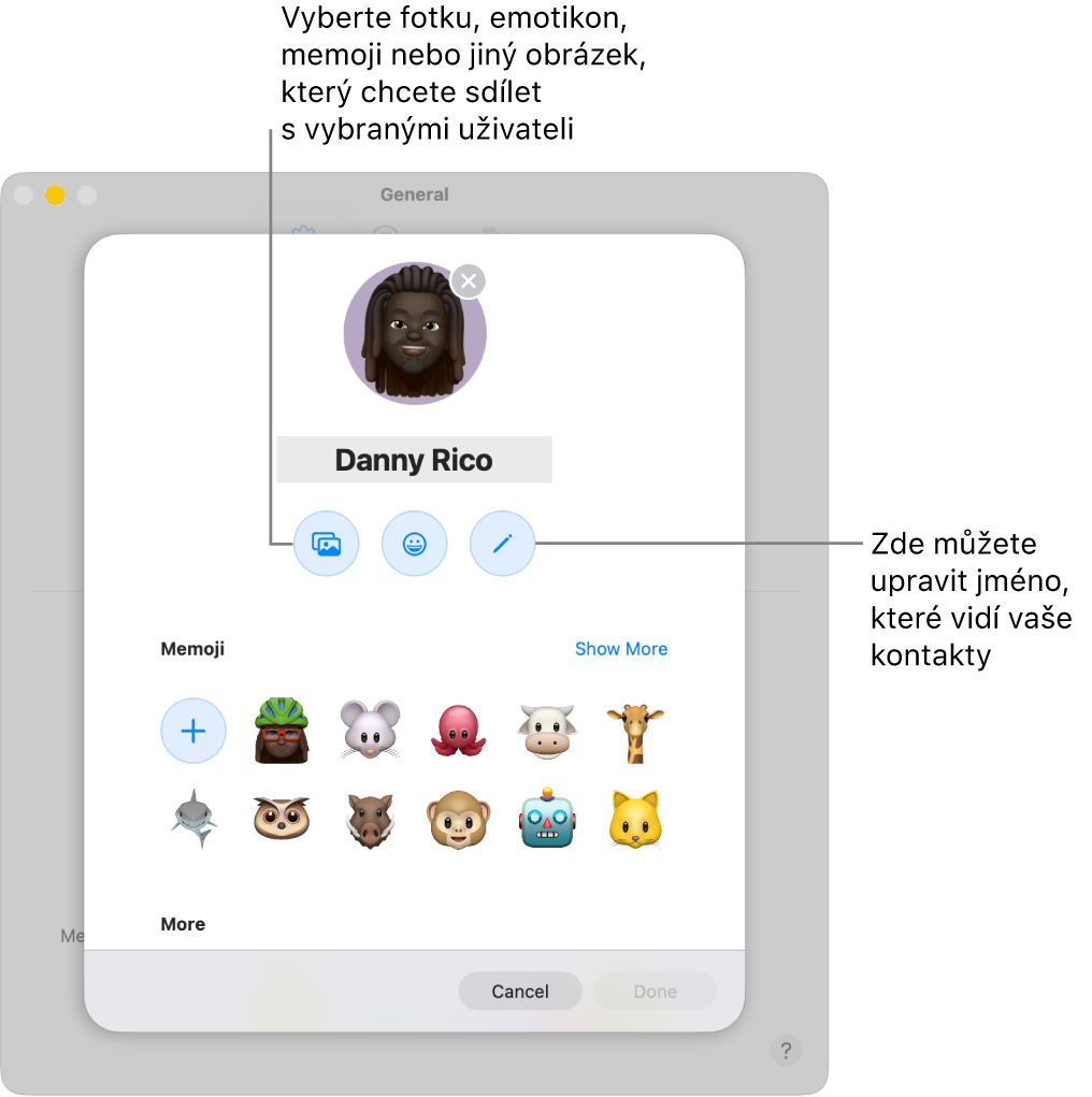 Dialogové okno Sdílení jména a&nbsp;fotky s&nbsp;volbami pro úpravy jména zobrazeného vašimi kontakty a&nbsp;pro výběr fotek, emotikonů, memoji a&nbsp;dalších obrázků