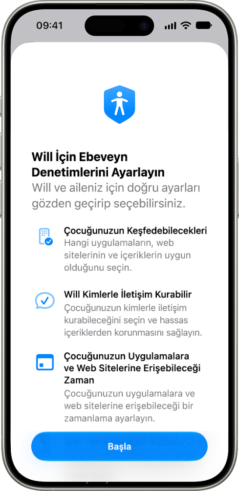 Kullanmaya başlama seçenekleriyle ebeveyn denetimlerini ayarlama ekranı.