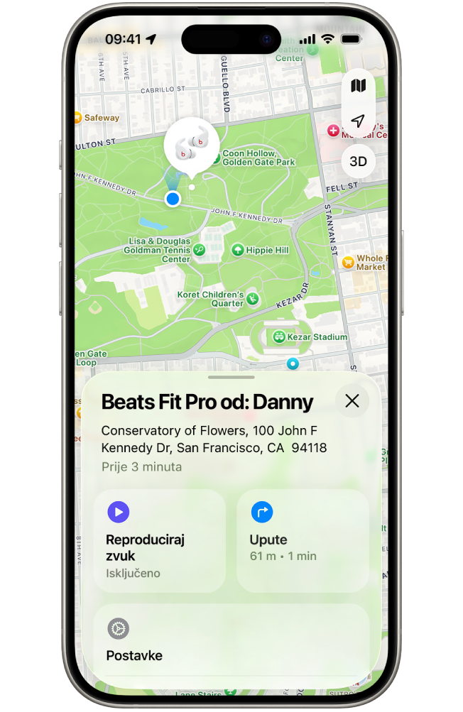 Zaslon aplikacije Pronalaženje na iPhoneu prikazuje lokaciju slušalica Beats Fit Pro na karti San Francisca.