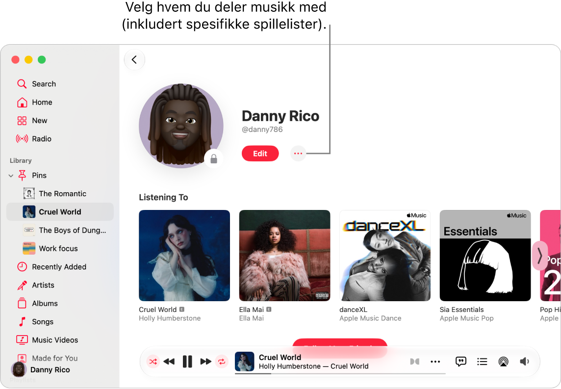 Profilsiden i Apple Music: klikk på Mer-knappen (til høyre for Rediger-knappen) øverst i vinduet for å dele musikken din.