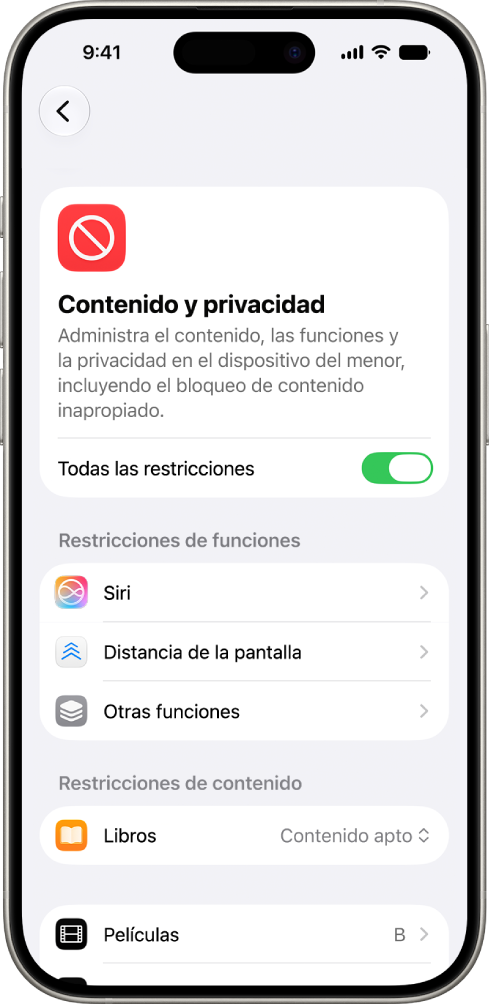 La pantalla Contenido y privacidad en Tiempo en pantalla, que muestra opciones para Restricciones de funciones y contenido.