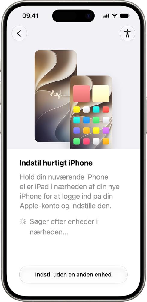 Skærmen Hurtig start på iPhone leder efter enheder i nærheden med muligheden for at indstille uden en anden enhed.