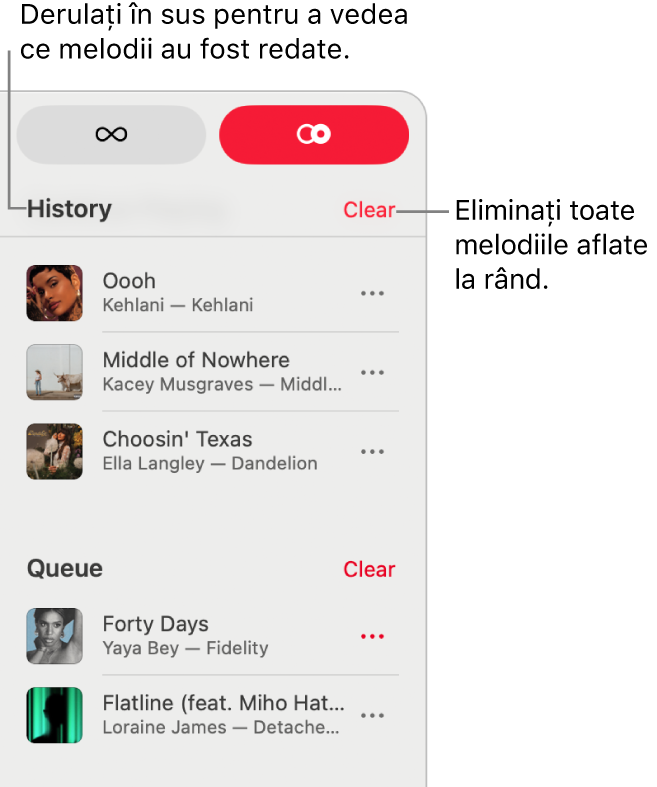 Rândul de redare este vizibil în colțul din dreapta sus al ferestrei Apple&nbsp;Music. Apar secțiunile Istoric și Rând de redare.