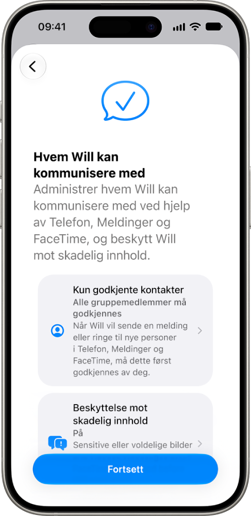 Skjermen for oppsett av foreldrekontroller viser alternativer for hvem et barn kan kommunisere med.