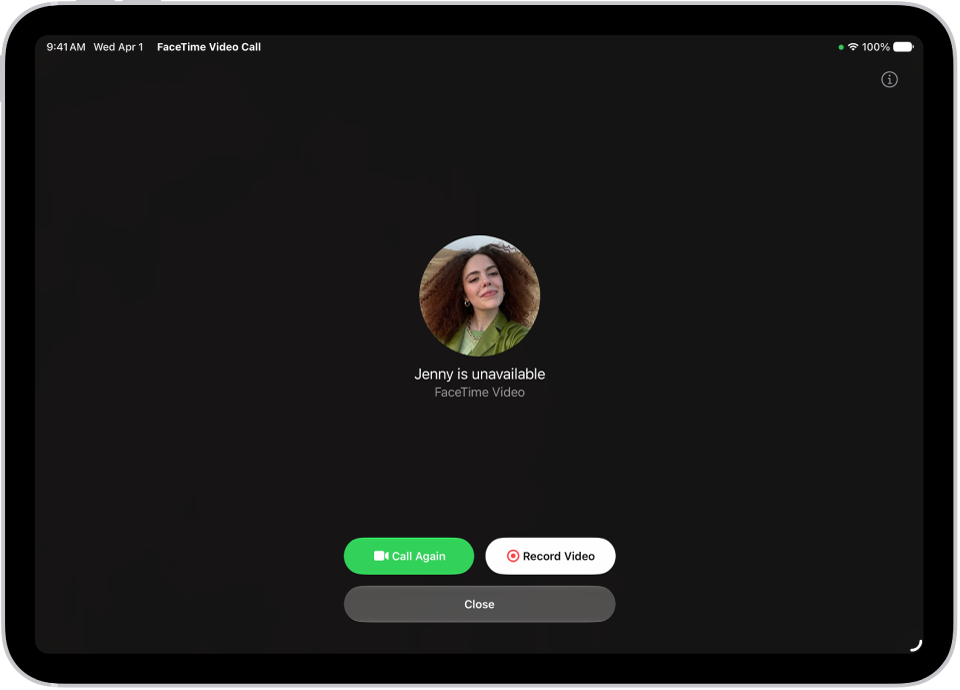 The Record Video screen, showing that the person you’re calling is unavailable. The screen includes a Call Again button and a Record Video button you can tap to record a video message.