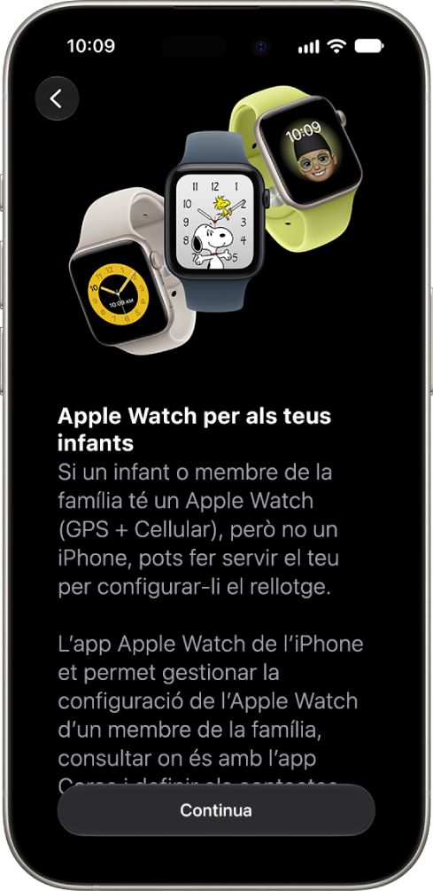 La pantalla per configurar un Apple&nbsp;Watch per a un infant mostra l’opció per continuar la configuració.