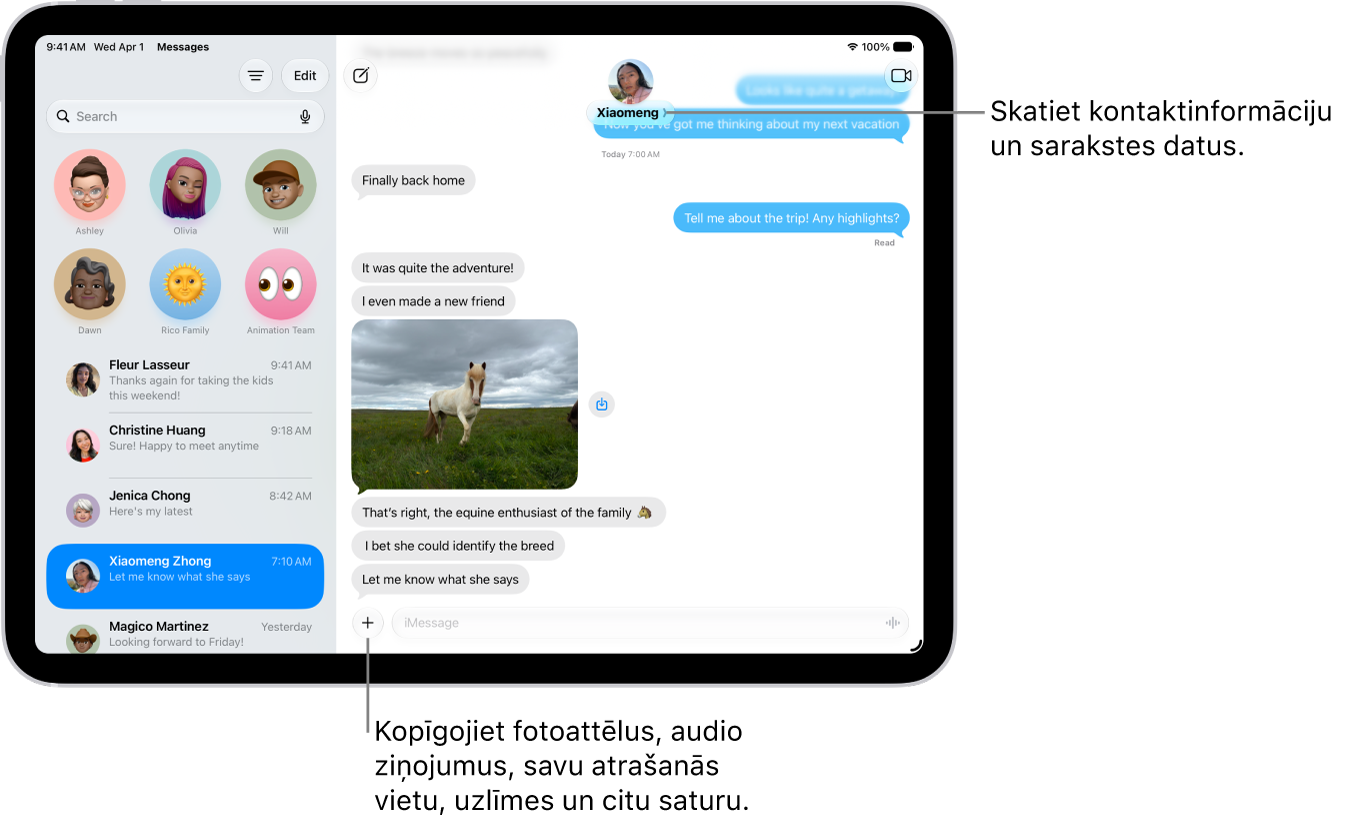 Sarunu saraksts Messages kreisajā pusē un sarakstes transkripcija labajā pusē. Augšā pieskaroties kontaktpersonas ikonai, tiek atvērtas sarunas detaļas.