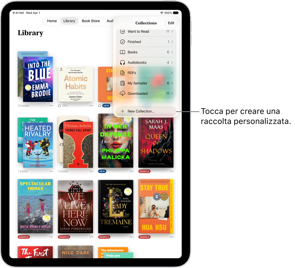 La schermata libreria nell’app Libri. Nella parte superiore dello schermo, il menu Raccolte è aperto e vengono mostrate opzioni come gli audiolibri e i PDF.