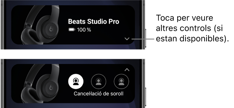A la primera imatge es mostra el giny de l’app Beats, que mostra els auriculars Beats&nbsp;Studio&nbsp;Pro connectats i un botó per mostrar altres controls; i a la segona imatge es mostren els controls de cancel·lació de soroll del giny.