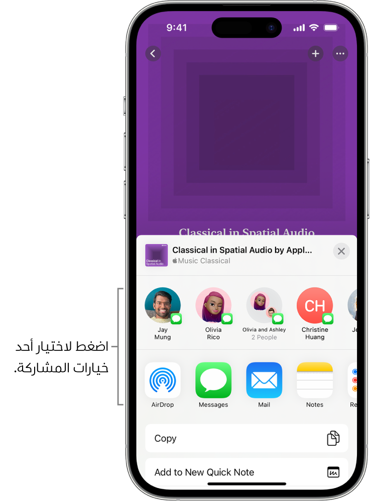 يعرض iPhone قائمة تشغيل كلاسيكية في أعلى الشاشة، مع وجود جهات اتصال وخيارات مشاركة بالأسفل.