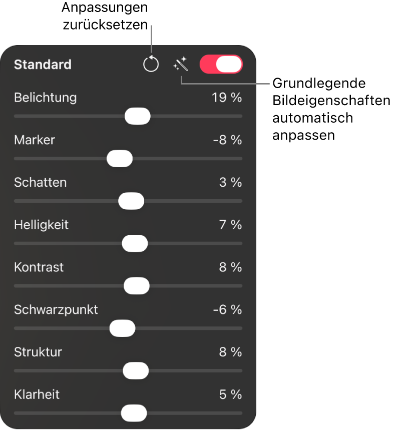 Anpassung „Standard“ im Bereich „Farbanpassungen“ mit den Schiebereglern für „Belichtung“, „Lichter“, „Schatten“, „Helligkeit“ und mehr.