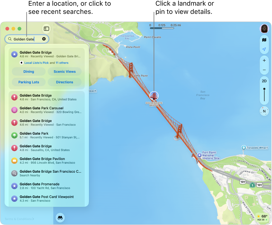 A map with text entered in the search field and several matching location names below.