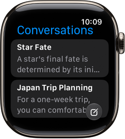 The Siri app showing two conversations. A button to start a new conversation appears at the bottom of the screen.