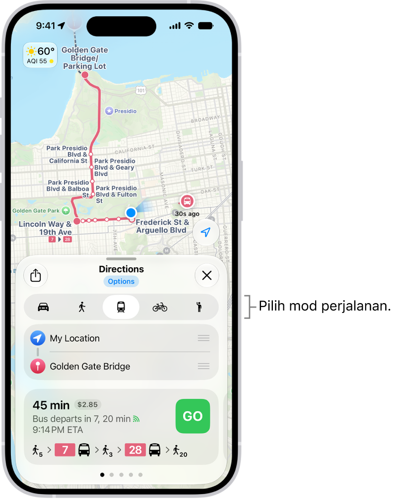 Peta menunjukkan beberapa laluan memandu antara dua lokasi, dengan butang untuk memilih mod perjalanan lain, menukar titik permulaan dan destinasi serta melihat arah sebagai langkah.