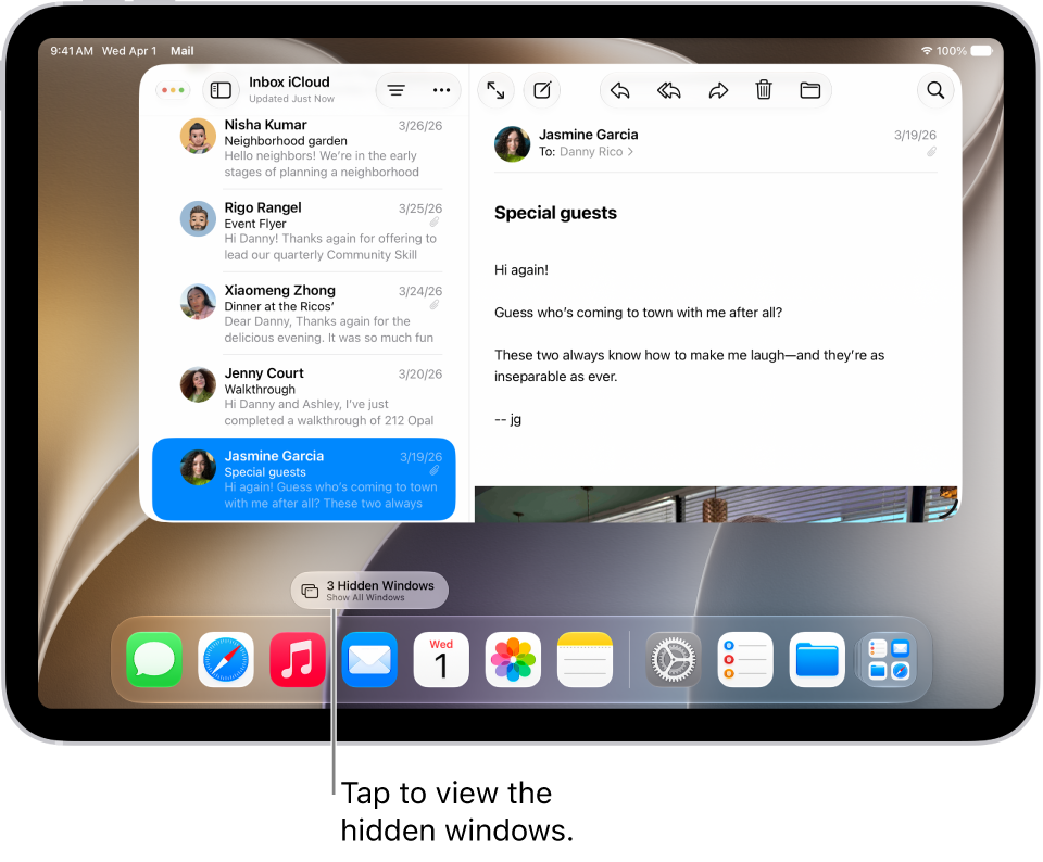 An iPad screen with two apps open and the pill-shaped Show All Windows button, which, when tapped, shows all the open windows in the target app.