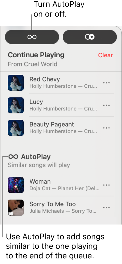 The top-right corner of Apple Music, showing the Continue Playing and AutoPlay sections of the queue.