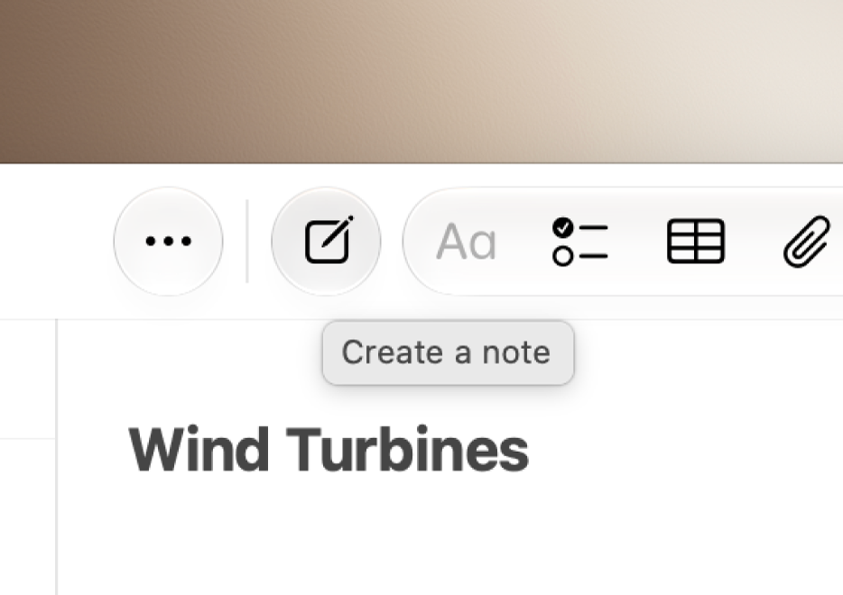 A cropped Notes app window on Mac showing a note and the Create a note button in the Notes toolbar.