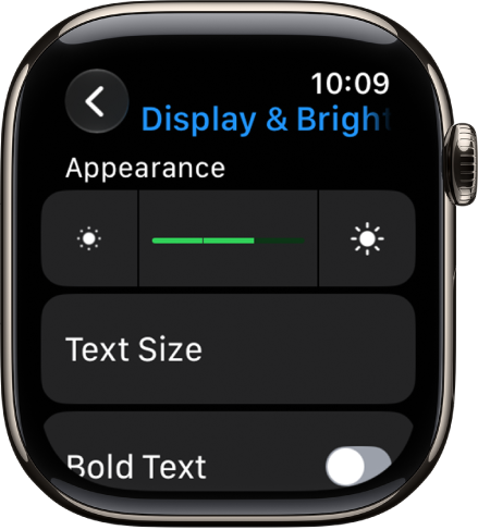 Display & Brightness settings on Apple&nbsp;Watch, with the Brightness slider at the top, and the Text Size button below.