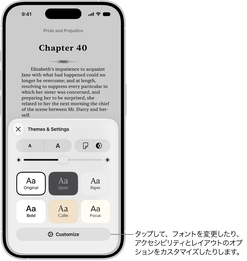 ブックアプリのブックのページ。「テーマおよび設定」オプション。フォントサイズ、ビューのスクロール、ページめくりスタイル、明るさ、フォンスタイルの各コントロールが表示されています。