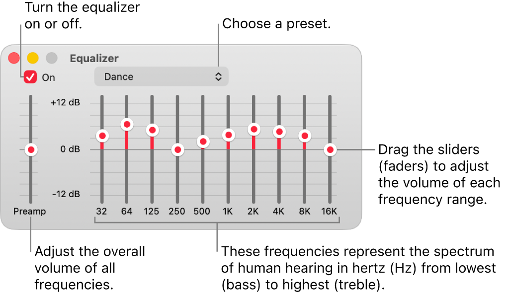 The Equalizer window, showing controls to turn it on, choose  presets, and adjust the volume of frequencies.