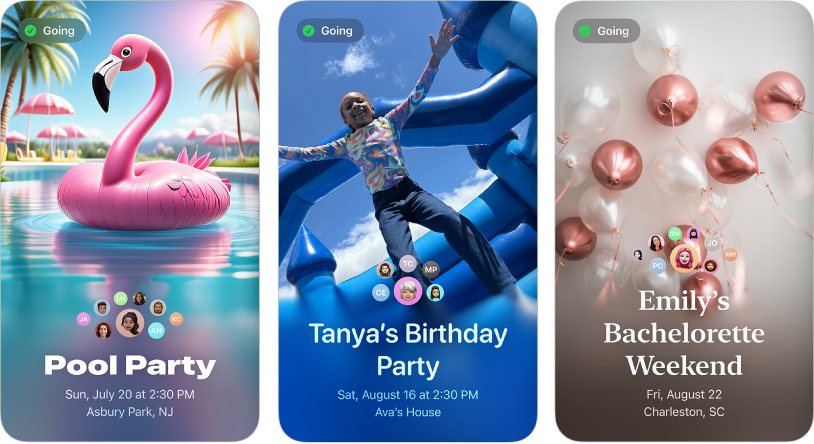 Three invitations from Apple Invites. Each one has a background photo, name, date, time, and location.