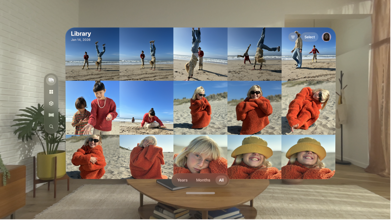 The Photos library on Apple&nbsp;Vision&nbsp;Pro, showing a grid of photos.