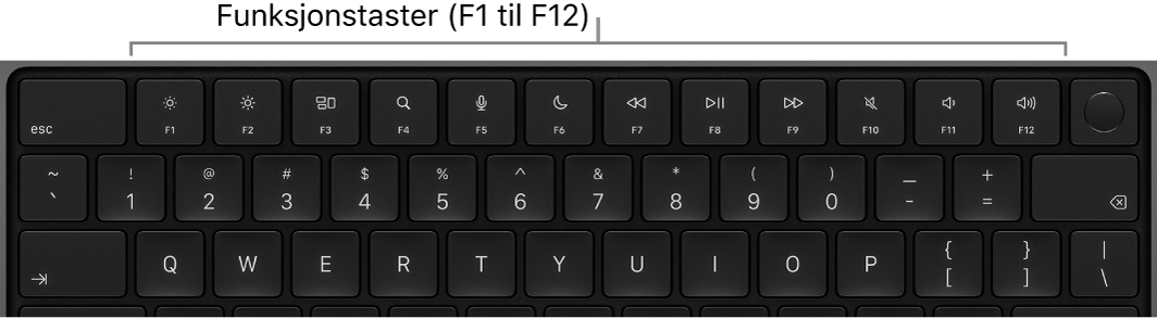 Tastaturet på MacBook Pro viser den øverste raden med funksjonstaster.