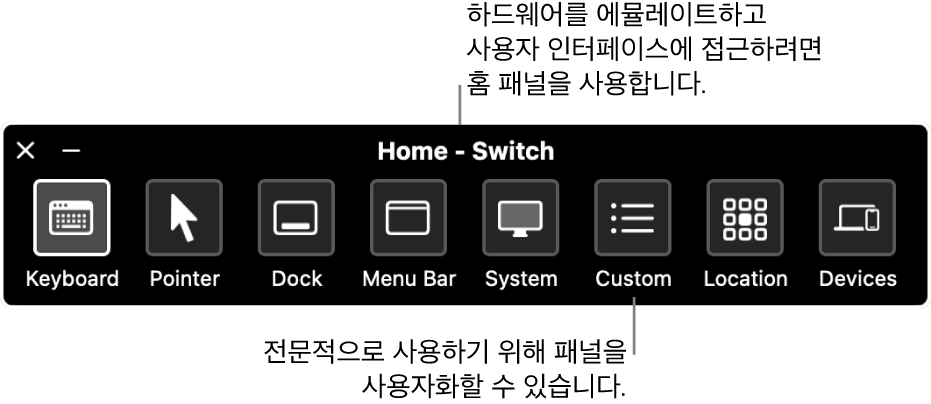 왼쪽에서 오른쪽으로 나타나는 키보드, 포인터, Dock, 메뉴 막대, 시스템 제어기, 사용자 설정 패널, 화면 위치 및 기타 기기를 제어하는 버튼을 포함하는 스위치 제어 홈 패널.